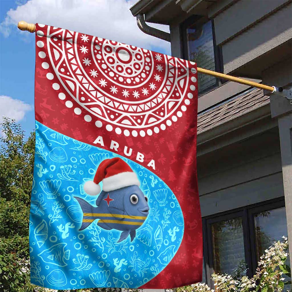 Aruba Christmas Garden Flag with Santa Fish Aruba Flag Ocean Icons and Red Blue Holiday Pattern Design - Wonder Print Shop