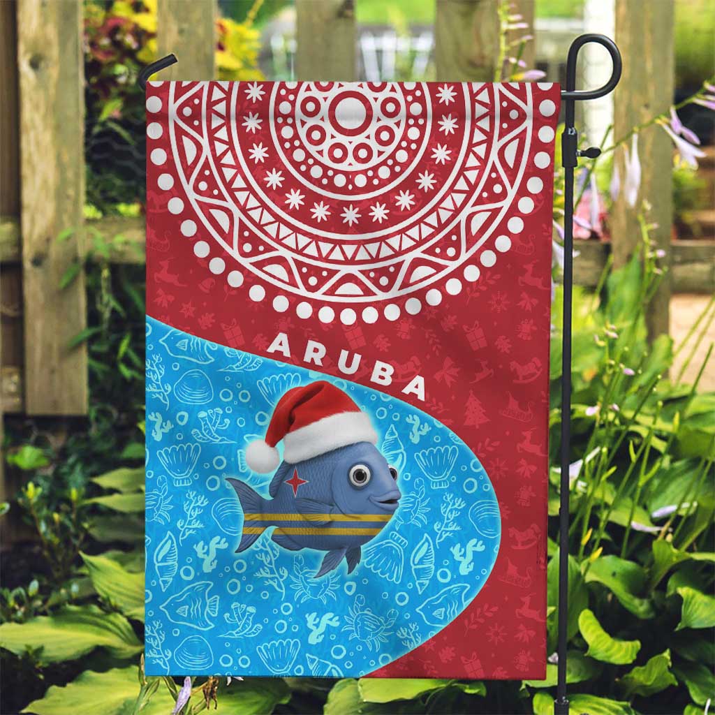 Aruba Christmas Garden Flag with Santa Fish Aruba Flag Ocean Icons and Red Blue Holiday Pattern Design - Wonder Print Shop