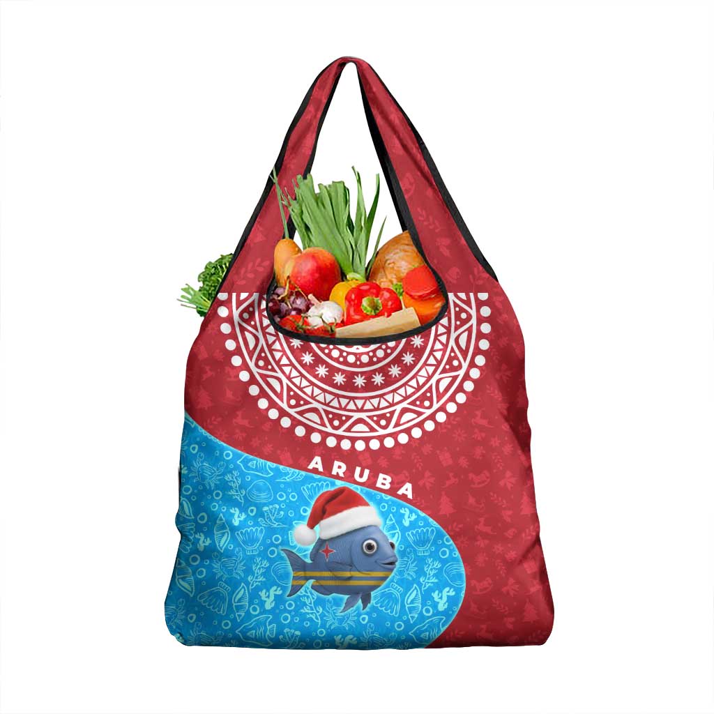 Aruba Christmas Grocery Bag with Santa Fish Aruba Flag Ocean Icons and Red Blue Holiday Pattern Design - Wonder Print Shop
