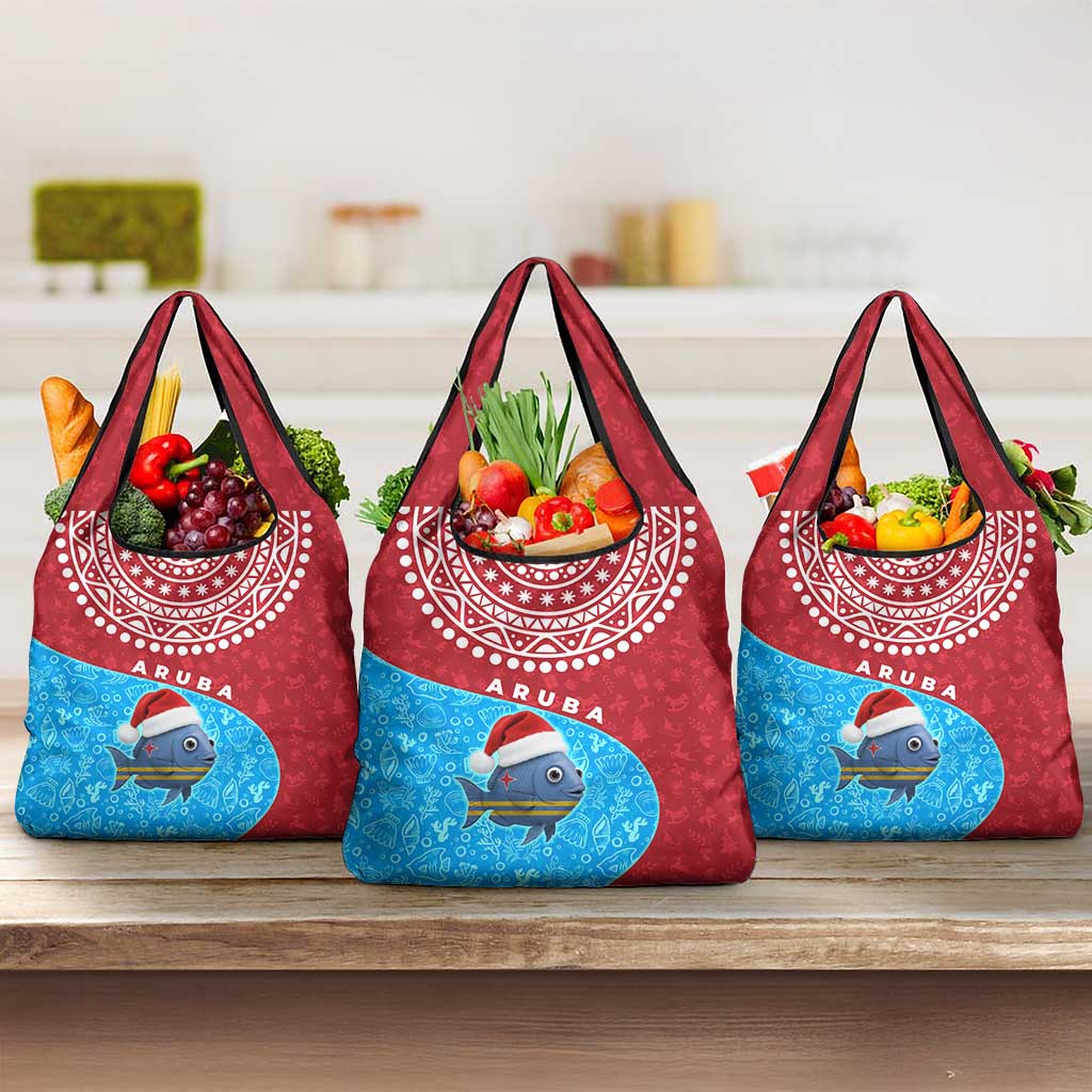 Aruba Christmas Grocery Bag with Santa Fish Aruba Flag Ocean Icons and Red Blue Holiday Pattern Design - Wonder Print Shop