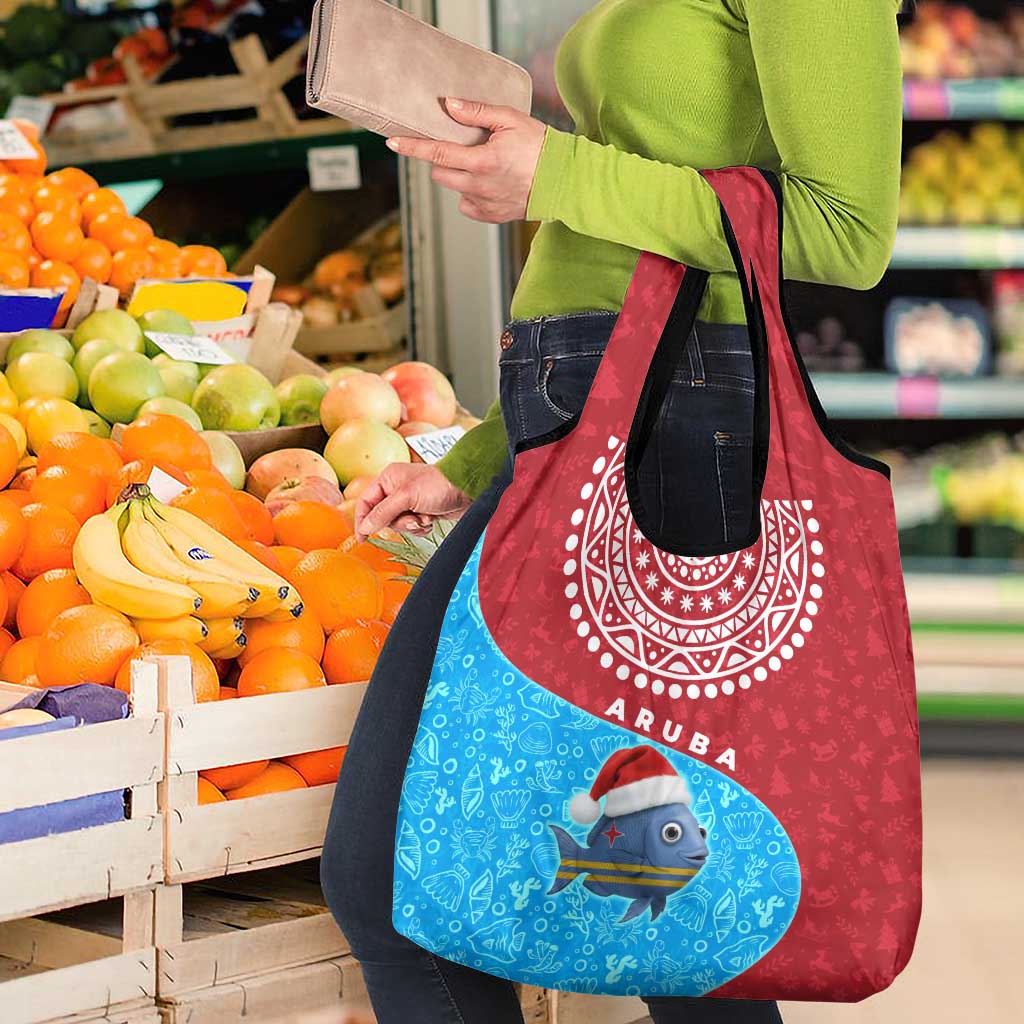 Aruba Christmas Grocery Bag with Santa Fish Aruba Flag Ocean Icons and Red Blue Holiday Pattern Design - Wonder Print Shop