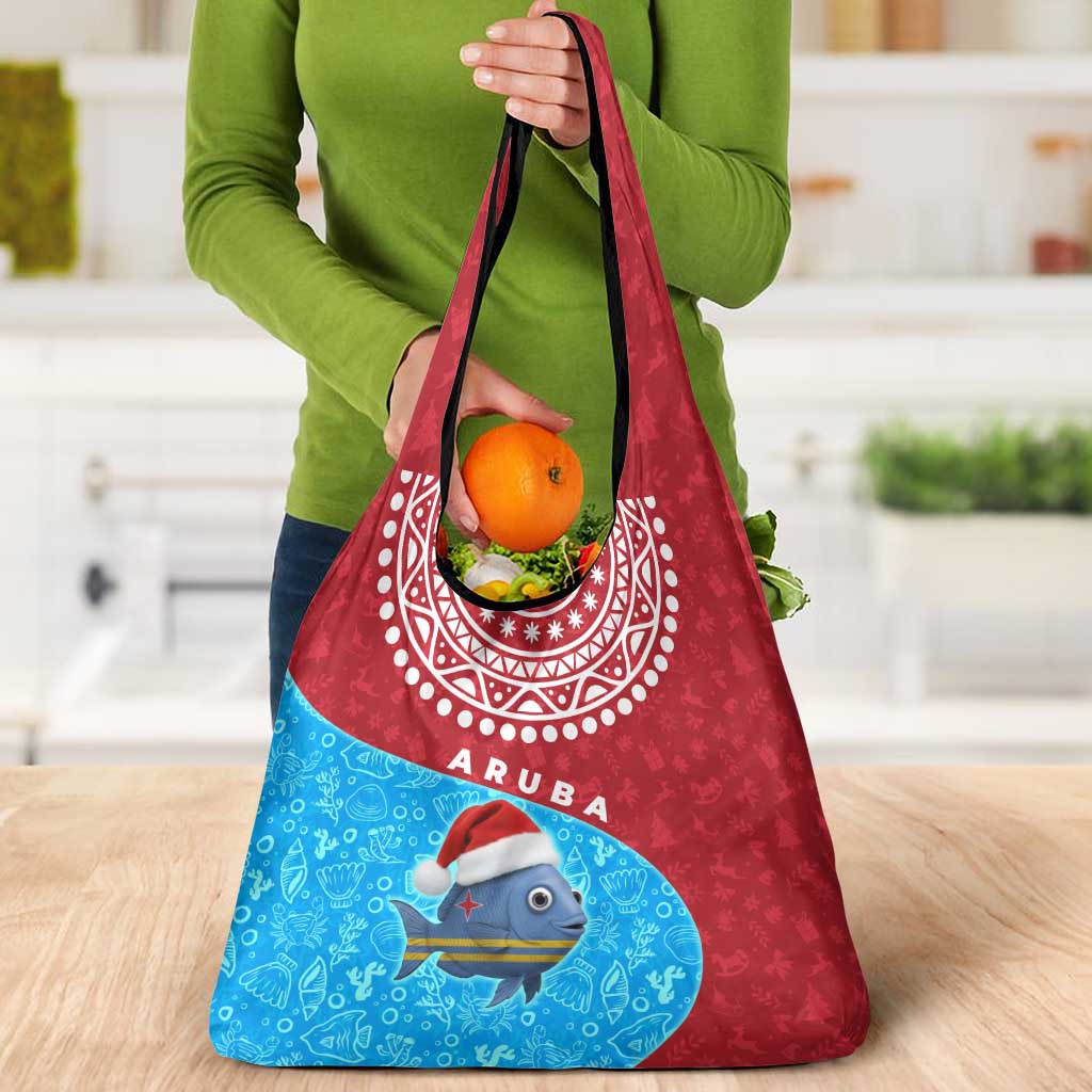 Aruba Christmas Grocery Bag with Santa Fish Aruba Flag Ocean Icons and Red Blue Holiday Pattern Design - Wonder Print Shop