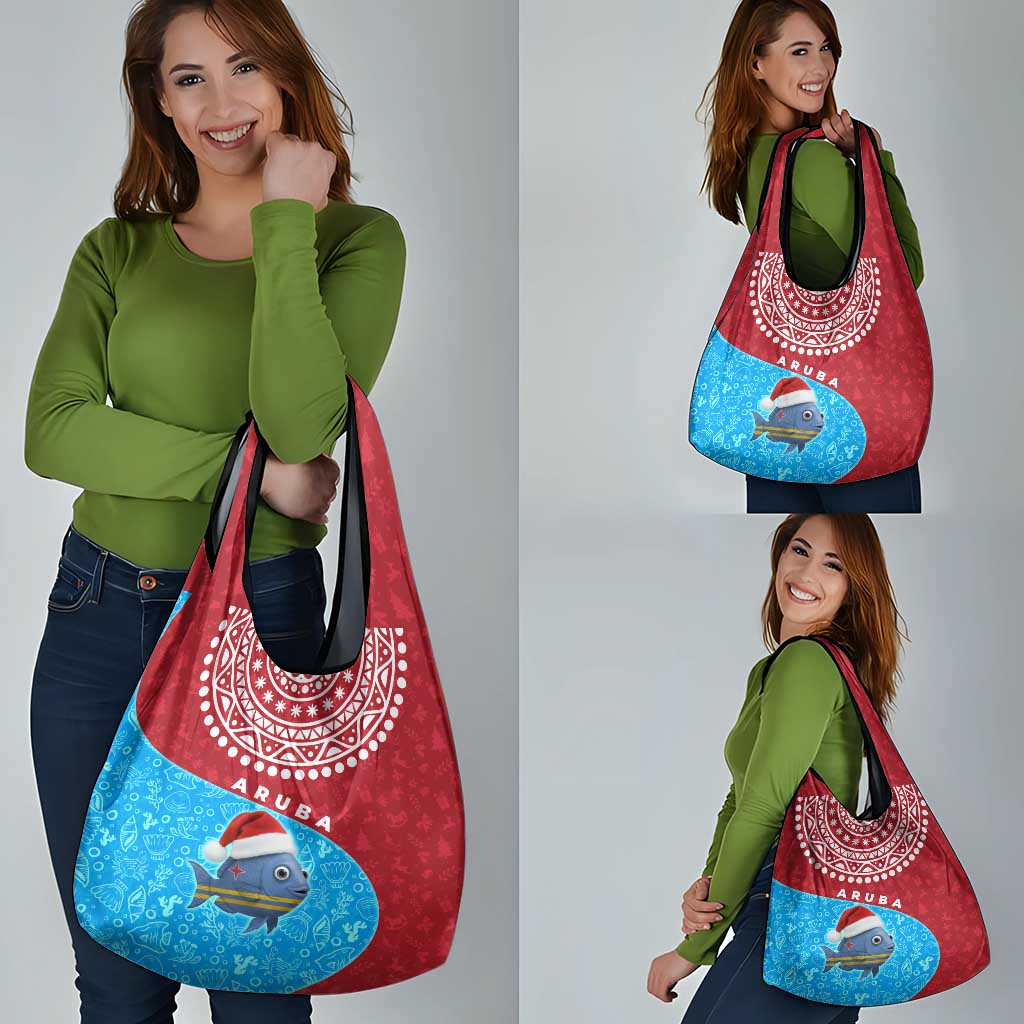 Aruba Christmas Grocery Bag with Santa Fish Aruba Flag Ocean Icons and Red Blue Holiday Pattern Design - Wonder Print Shop