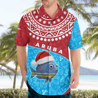 Aruba Christmas Hawaiian Shirt with Santa Fish Aruba Flag Ocean Icons and Red Blue Holiday Pattern Design - Wonder Print Shop