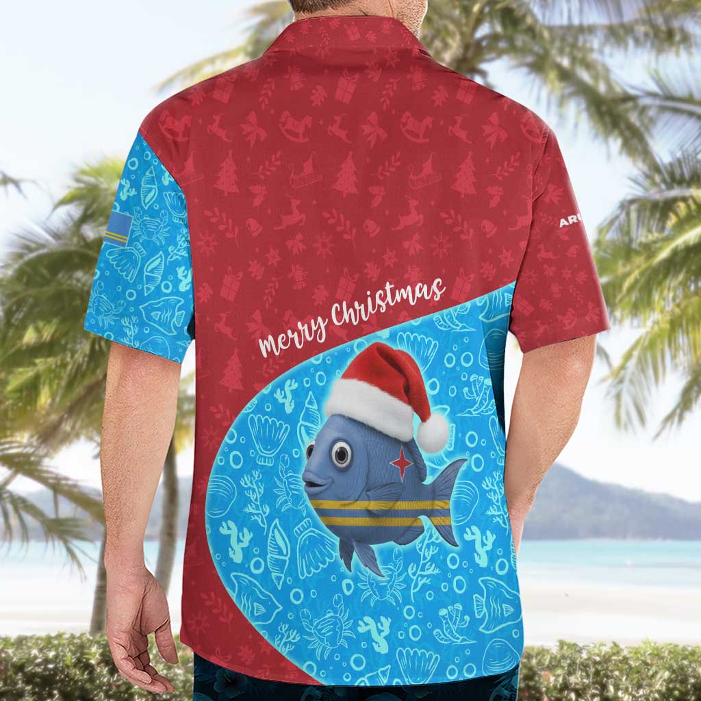 Aruba Christmas Hawaiian Shirt with Santa Fish Aruba Flag Ocean Icons and Red Blue Holiday Pattern Design - Wonder Print Shop