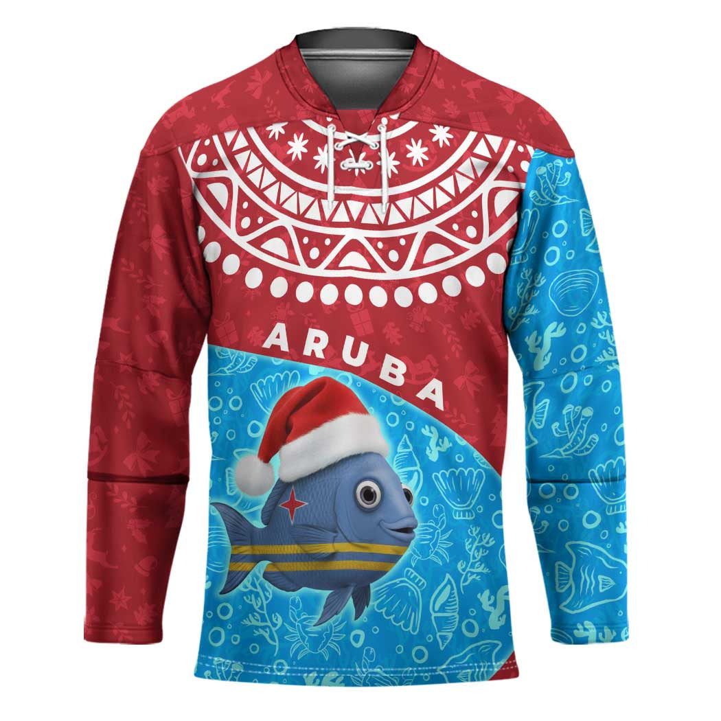Aruba Christmas Hockey Jersey with Santa Fish Aruba Flag Ocean Icons and Red Blue Holiday Pattern Design - Wonder Print Shop
