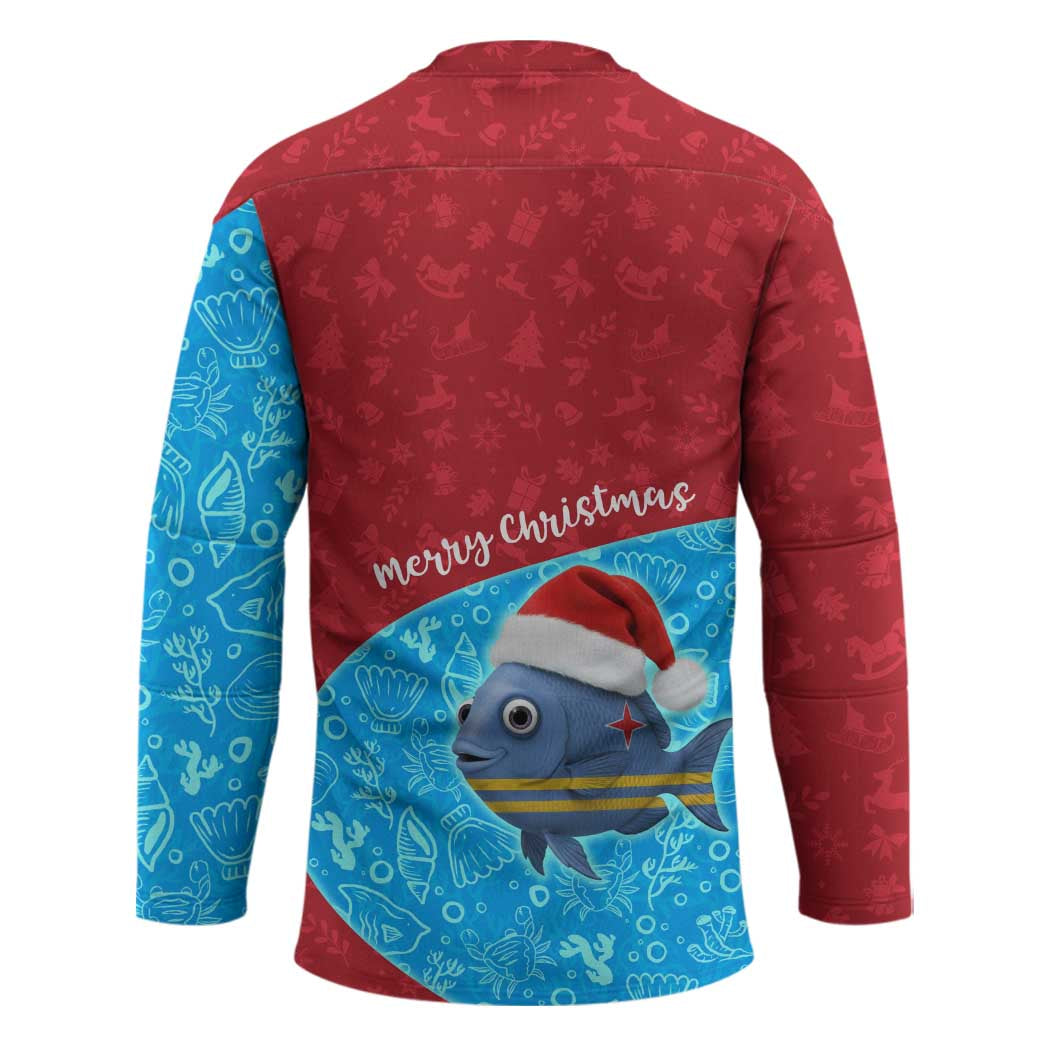 Aruba Christmas Hockey Jersey with Santa Fish Aruba Flag Ocean Icons and Red Blue Holiday Pattern Design - Wonder Print Shop