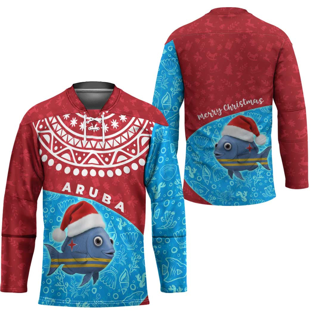 Aruba Christmas Hockey Jersey with Santa Fish Aruba Flag Ocean Icons and Red Blue Holiday Pattern Design - Wonder Print Shop