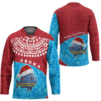 Aruba Christmas Hockey Jersey with Santa Fish Aruba Flag Ocean Icons and Red Blue Holiday Pattern Design - Wonder Print Shop
