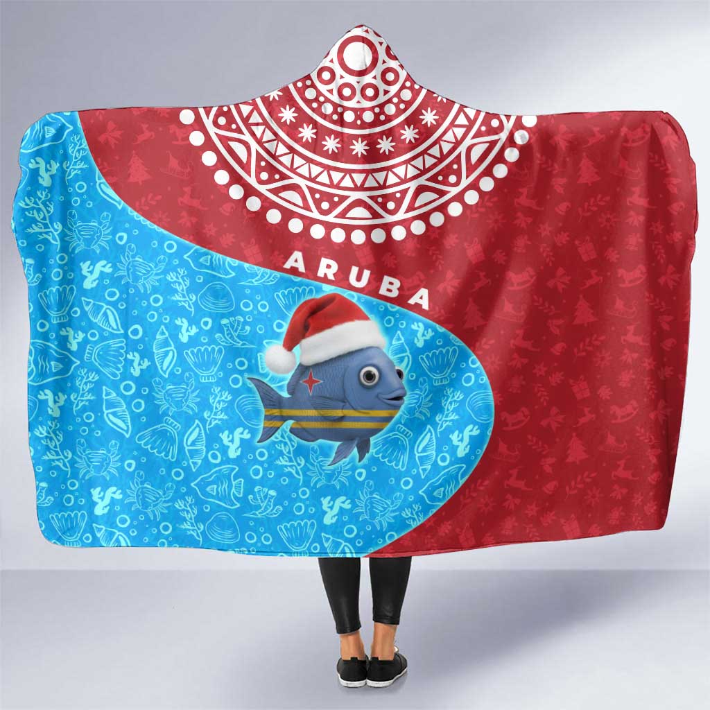 Aruba Christmas Hooded Blanket with Santa Fish Aruba Flag Ocean Icons and Red Blue Holiday Pattern Design - Wonder Print Shop
