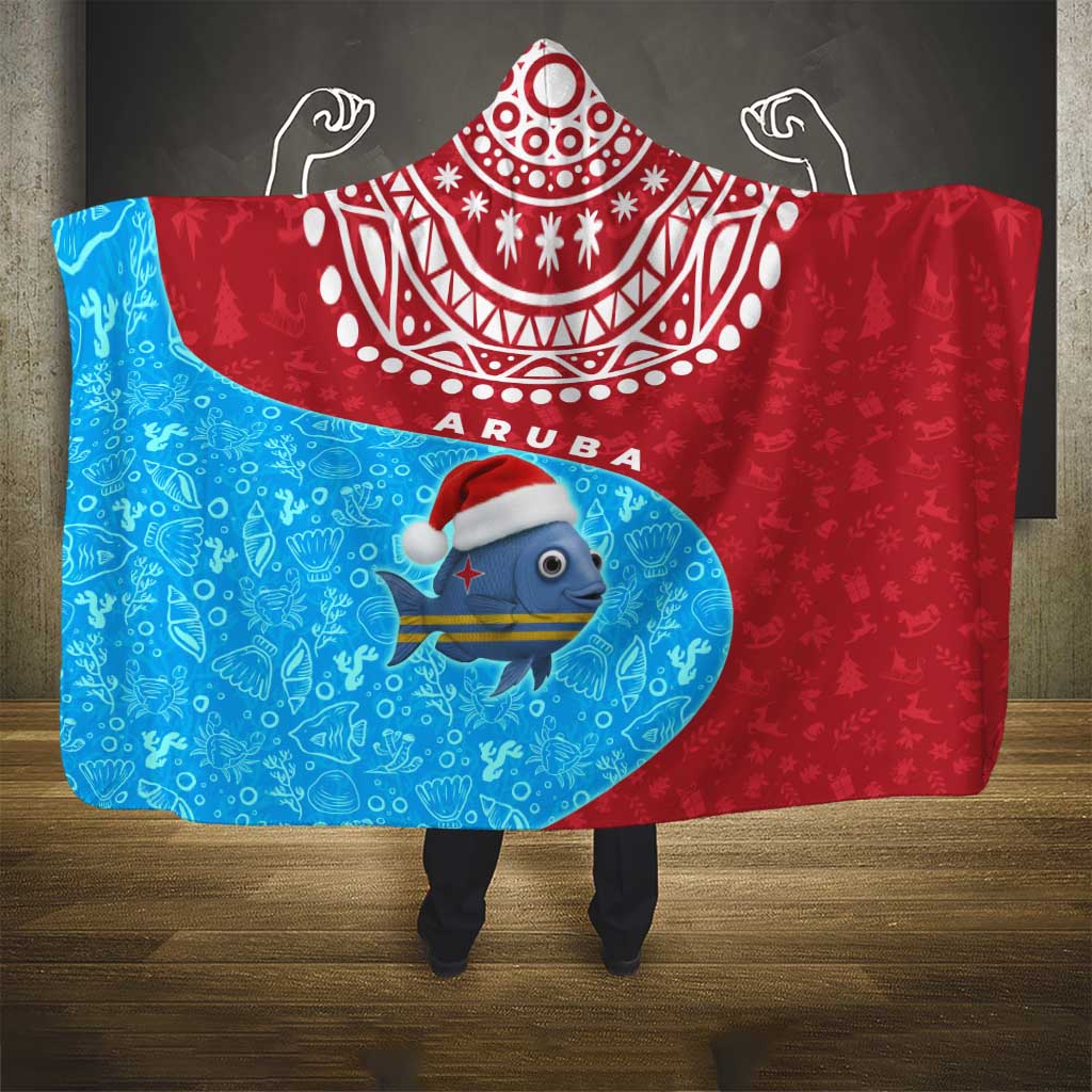 Aruba Christmas Hooded Blanket with Santa Fish Aruba Flag Ocean Icons and Red Blue Holiday Pattern Design - Wonder Print Shop