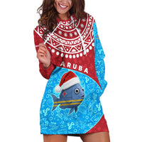 Aruba Christmas Hoodie Dress with Santa Fish Aruba Flag Ocean Icons and Red Blue Holiday Pattern Design - Wonder Print Shop