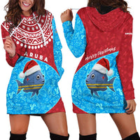 Aruba Christmas Hoodie Dress with Santa Fish Aruba Flag Ocean Icons and Red Blue Holiday Pattern Design - Wonder Print Shop