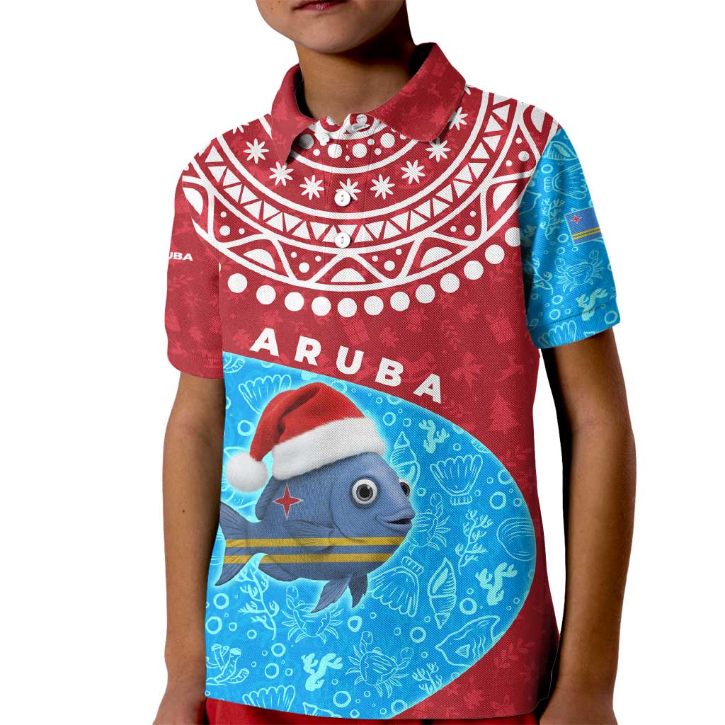 Aruba Christmas Kid Polo Shirt with Santa Fish Aruba Flag Ocean Icons and Red Blue Holiday Pattern Design - Wonder Print Shop