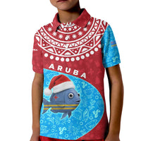 Aruba Christmas Kid Polo Shirt with Santa Fish Aruba Flag Ocean Icons and Red Blue Holiday Pattern Design - Wonder Print Shop