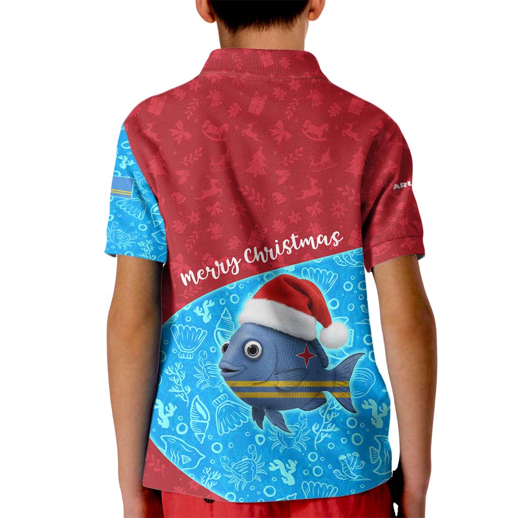 Aruba Christmas Kid Polo Shirt with Santa Fish Aruba Flag Ocean Icons and Red Blue Holiday Pattern Design - Wonder Print Shop