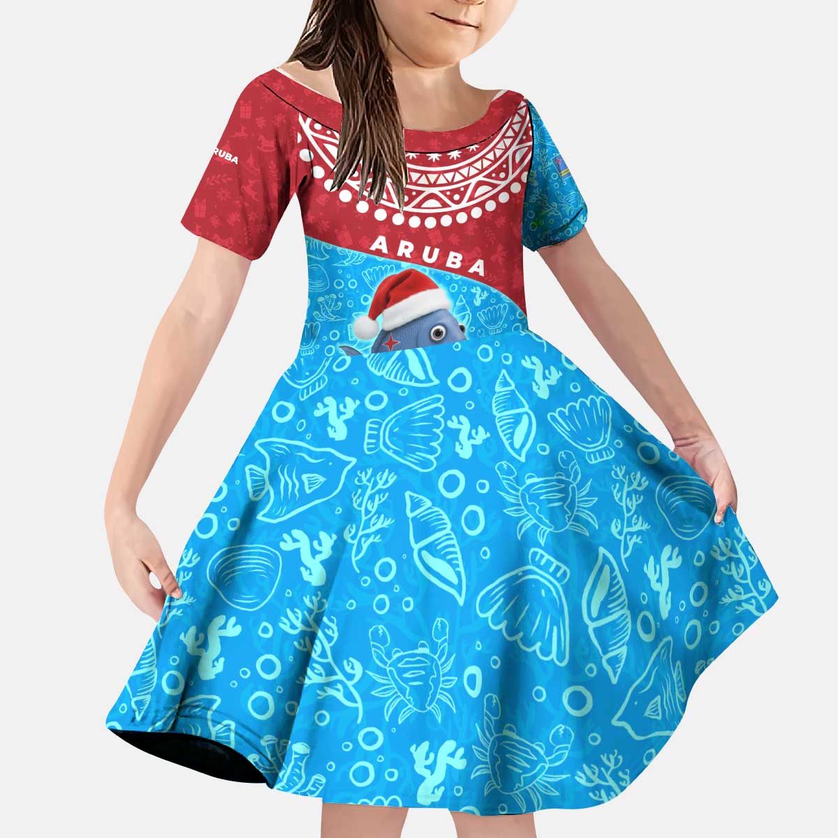Aruba Christmas Kid Short Sleeve Dress with Santa Fish Aruba Flag Ocean Icons and Red Blue Holiday Pattern Design - Wonder Print Shop