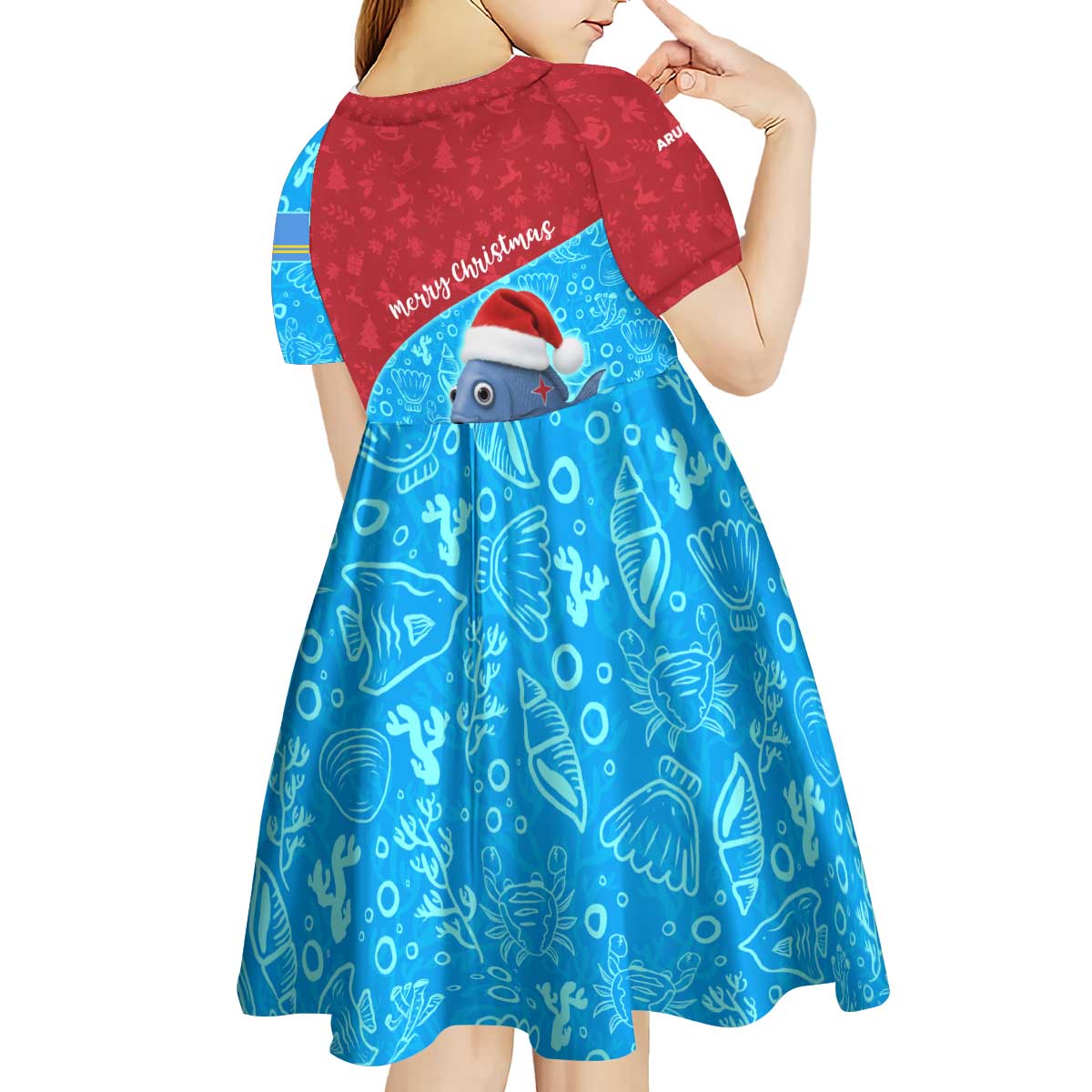 Aruba Christmas Kid Short Sleeve Dress with Santa Fish Aruba Flag Ocean Icons and Red Blue Holiday Pattern Design - Wonder Print Shop