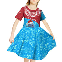 Aruba Christmas Kid Short Sleeve Dress with Santa Fish Aruba Flag Ocean Icons and Red Blue Holiday Pattern Design - Wonder Print Shop