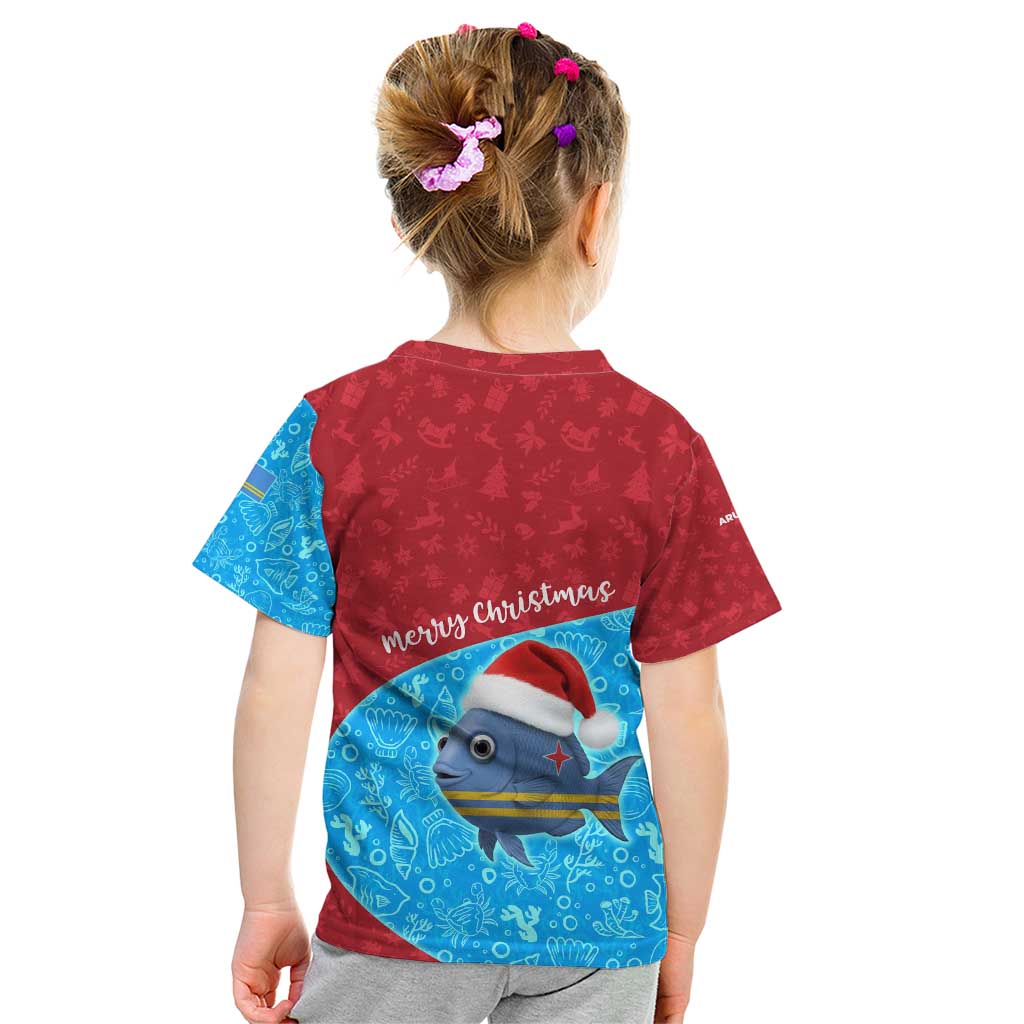 Aruba Christmas Kid T Shirt with Santa Fish Aruba Flag Ocean Icons and Red Blue Holiday Pattern Design - Wonder Print Shop