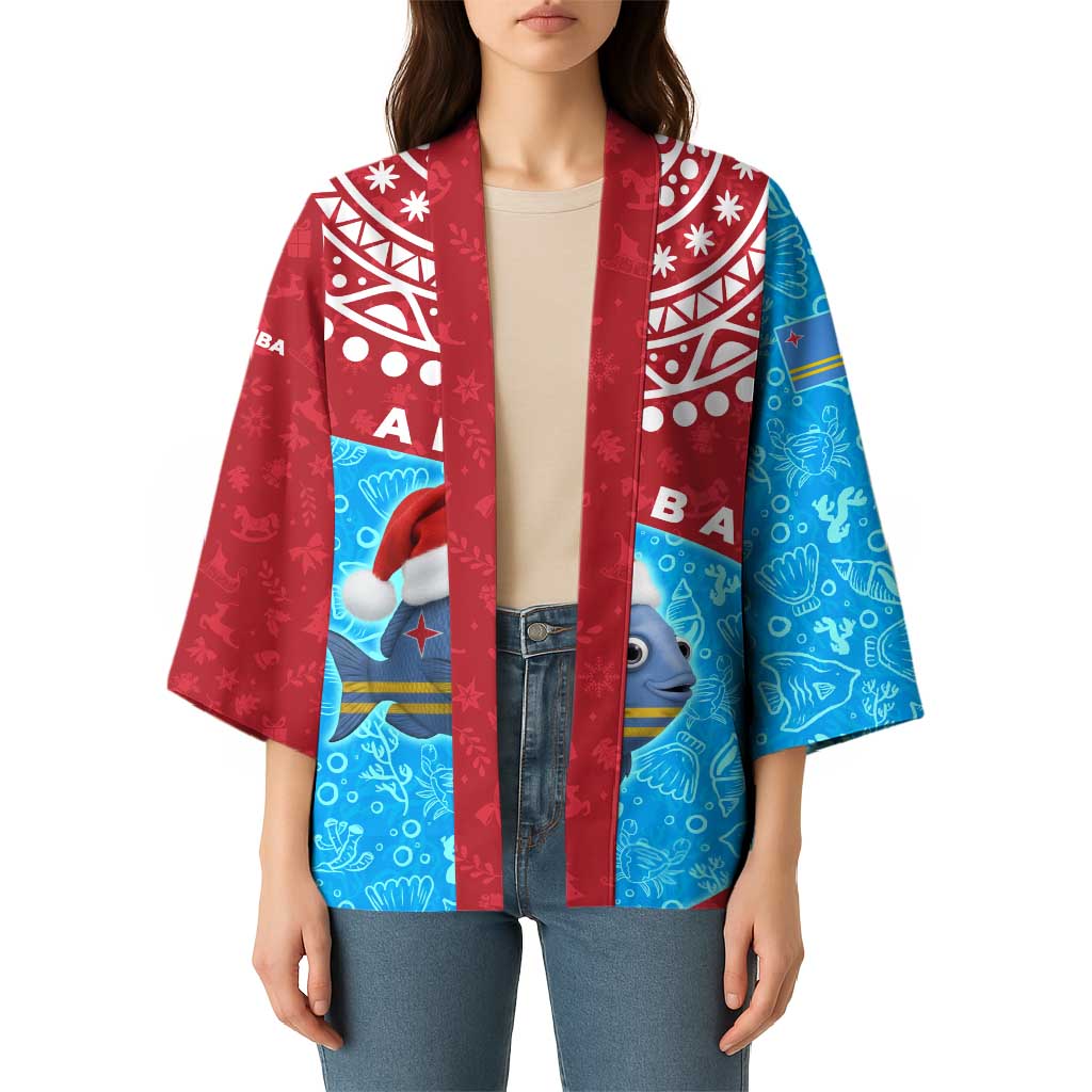 Aruba Christmas Kimono with Santa Fish Aruba Flag Ocean Icons and Red Blue Holiday Pattern Design - Wonder Print Shop