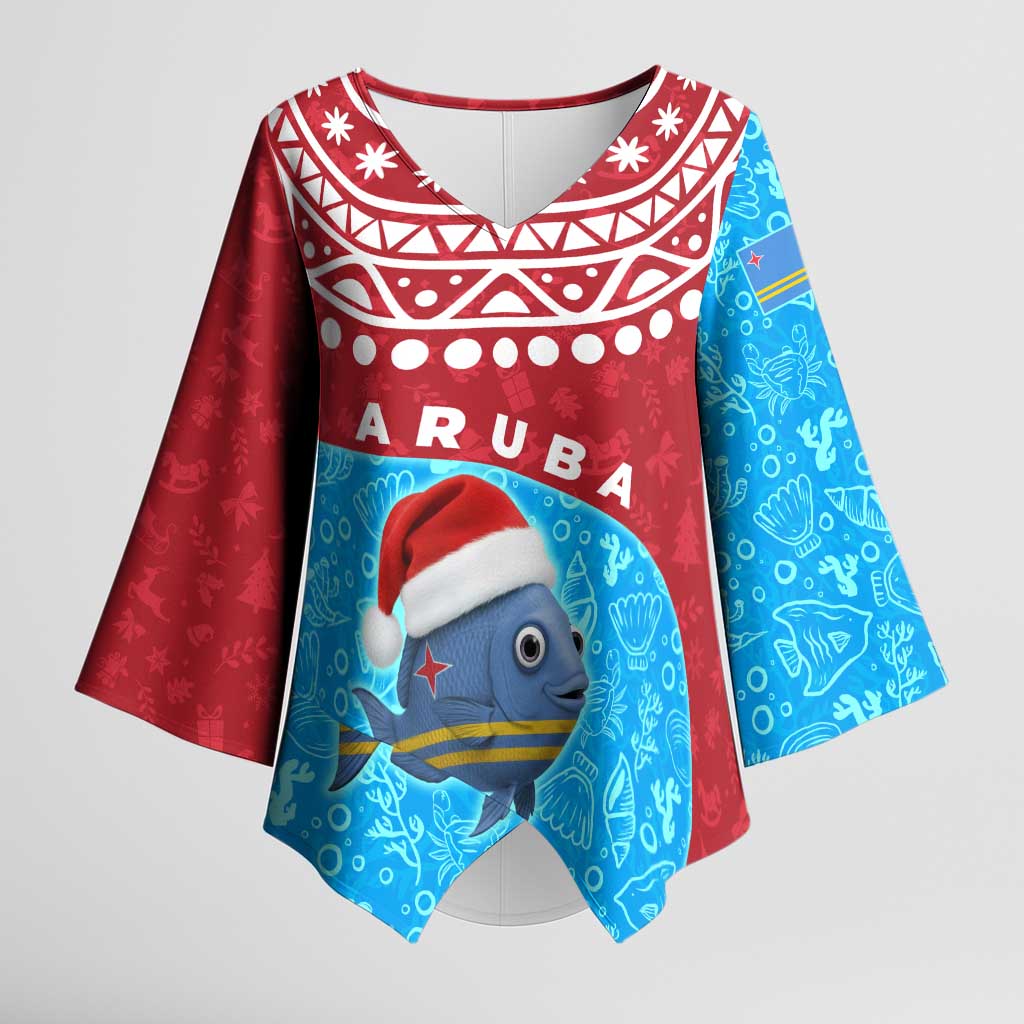 Aruba Christmas Kimono Sleeve Blouse with Santa Fish Aruba Flag Ocean Icons and Red Blue Holiday Pattern Design - Wonder Print Shop