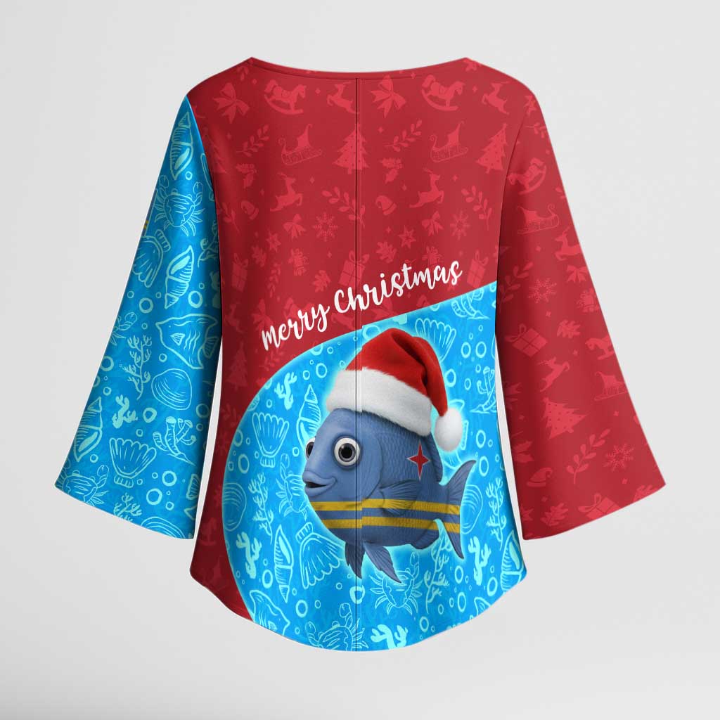 Aruba Christmas Kimono Sleeve Blouse with Santa Fish Aruba Flag Ocean Icons and Red Blue Holiday Pattern Design - Wonder Print Shop