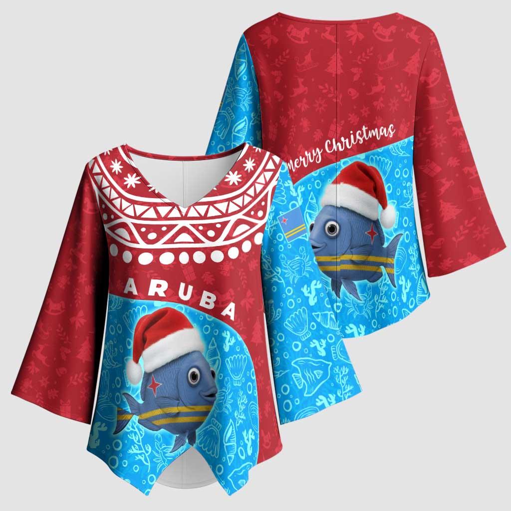 Aruba Christmas Kimono Sleeve Blouse with Santa Fish Aruba Flag Ocean Icons and Red Blue Holiday Pattern Design - Wonder Print Shop
