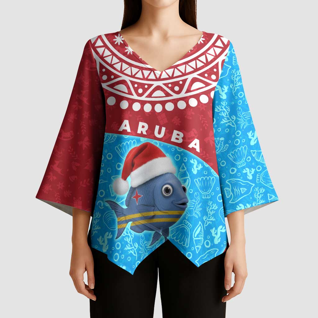 Aruba Christmas Kimono Sleeve Blouse with Santa Fish Aruba Flag Ocean Icons and Red Blue Holiday Pattern Design - Wonder Print Shop