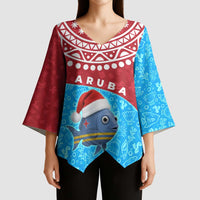 Aruba Christmas Kimono Sleeve Blouse with Santa Fish Aruba Flag Ocean Icons and Red Blue Holiday Pattern Design - Wonder Print Shop