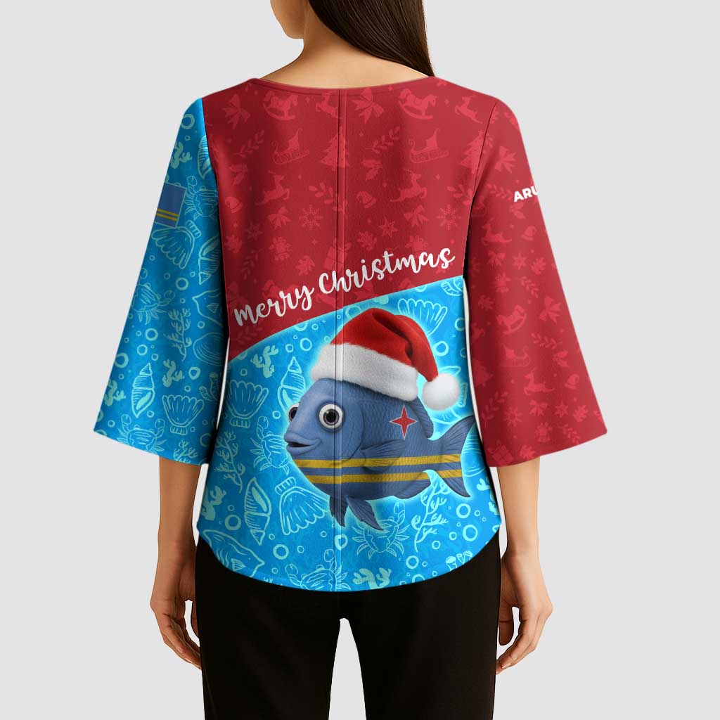 Aruba Christmas Kimono Sleeve Blouse with Santa Fish Aruba Flag Ocean Icons and Red Blue Holiday Pattern Design - Wonder Print Shop
