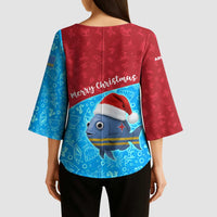 Aruba Christmas Kimono Sleeve Blouse with Santa Fish Aruba Flag Ocean Icons and Red Blue Holiday Pattern Design - Wonder Print Shop
