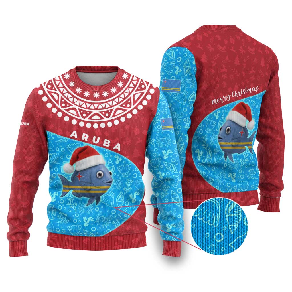 Aruba Christmas Ugly Christmas Sweater with Santa Fish Aruba Flag Ocean Icons and Red Blue Holiday Pattern Design - Wonder Print Shop