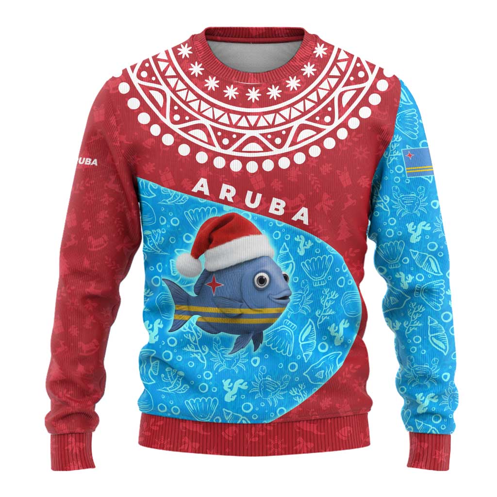 Aruba Christmas Ugly Christmas Sweater with Santa Fish Aruba Flag Ocean Icons and Red Blue Holiday Pattern Design - Wonder Print Shop