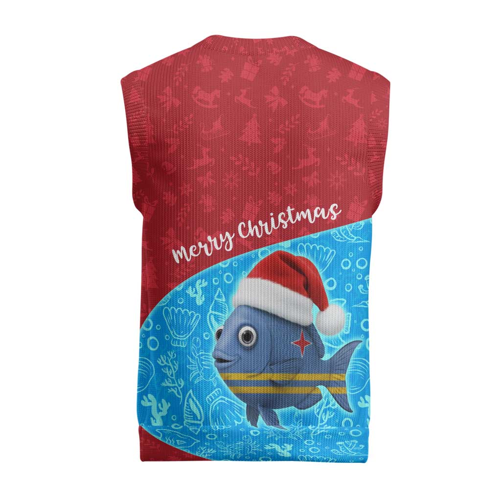 Aruba Christmas Knitted V-Neck Vest with Santa Fish Aruba Flag Ocean Icons and Red Blue Holiday Pattern Design - Wonder Print Shop