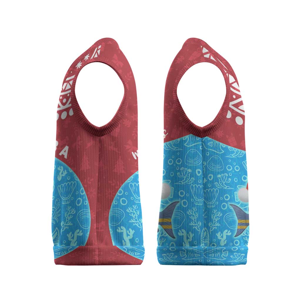 Aruba Christmas Knitted V-Neck Vest with Santa Fish Aruba Flag Ocean Icons and Red Blue Holiday Pattern Design - Wonder Print Shop