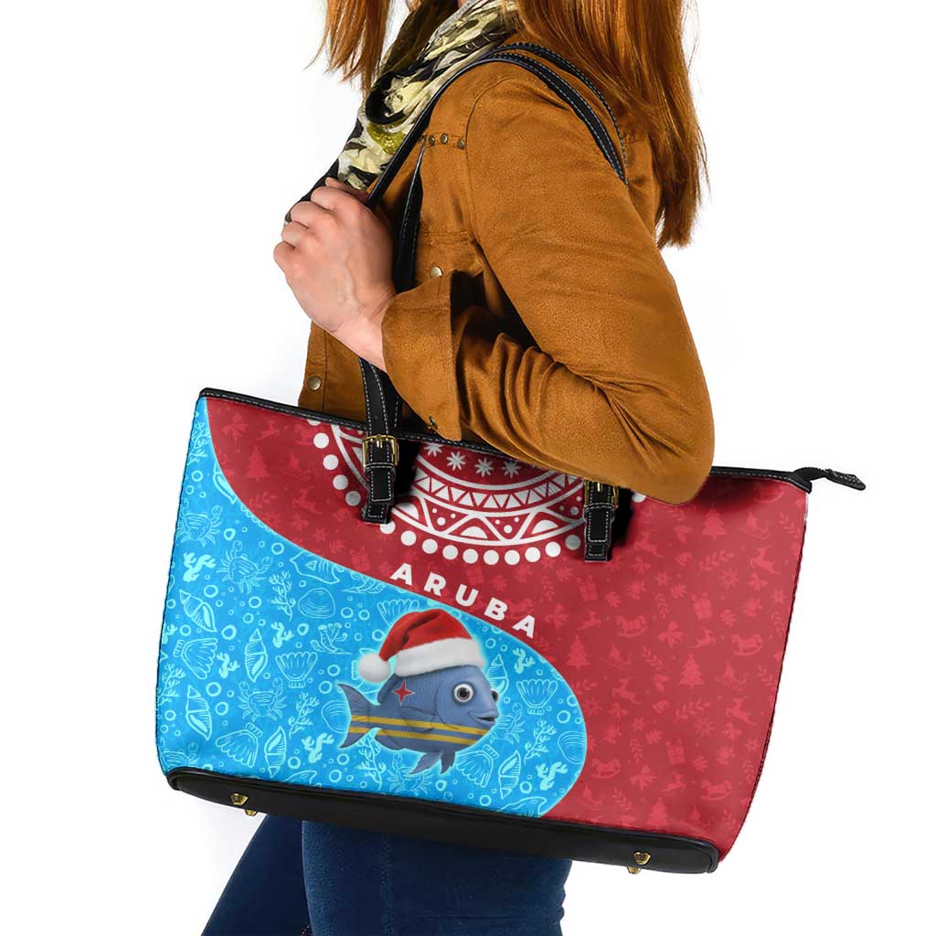 Aruba Christmas Leather Tote Bag with Santa Fish Aruba Flag Ocean Icons and Red Blue Holiday Pattern Design - Wonder Print Shop