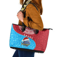 Aruba Christmas Leather Tote Bag with Santa Fish Aruba Flag Ocean Icons and Red Blue Holiday Pattern Design - Wonder Print Shop
