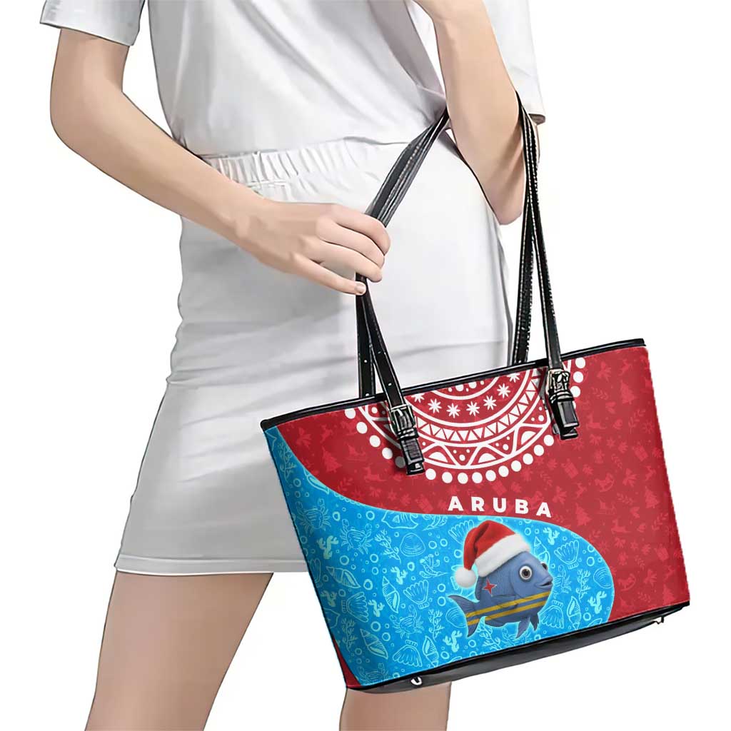 Aruba Christmas Leather Tote Bag with Santa Fish Aruba Flag Ocean Icons and Red Blue Holiday Pattern Design - Wonder Print Shop