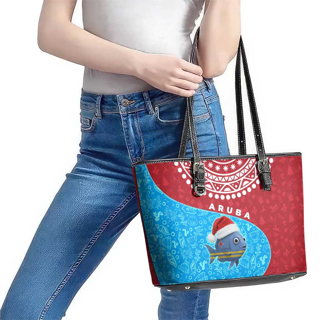 Aruba Christmas Leather Tote Bag with Santa Fish Aruba Flag Ocean Icons and Red Blue Holiday Pattern Design - Wonder Print Shop