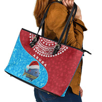 Aruba Christmas Leather Tote Bag with Santa Fish Aruba Flag Ocean Icons and Red Blue Holiday Pattern Design - Wonder Print Shop