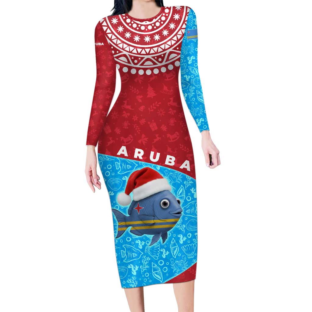 Aruba Christmas Long Sleeve Bodycon Dress with Santa Fish Aruba Flag Ocean Icons and Red Blue Holiday Pattern Design - Wonder Print Shop