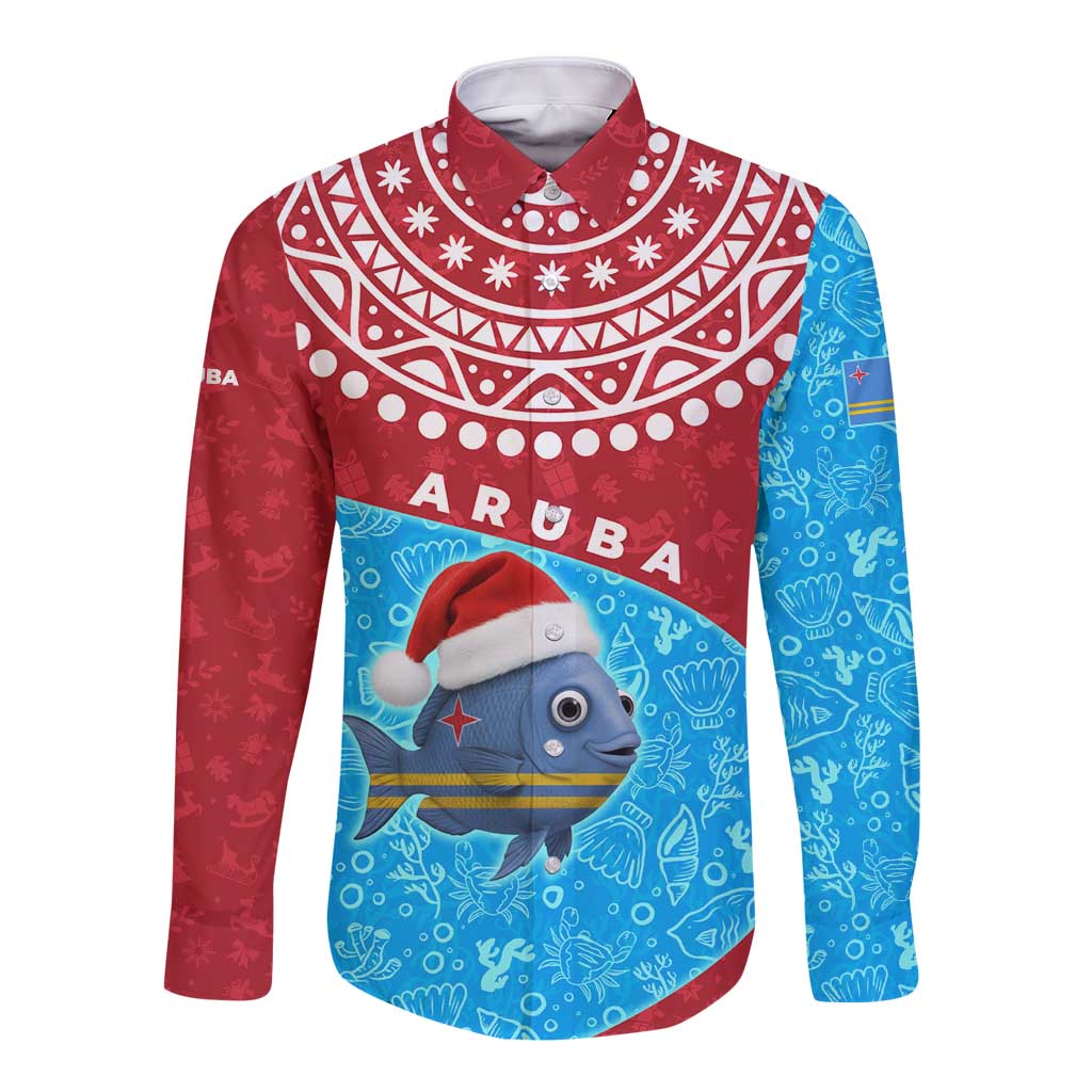 Aruba Christmas Long Sleeve Button Shirt with Santa Fish Aruba Flag Ocean Icons and Red Blue Holiday Pattern Design - Wonder Print Shop