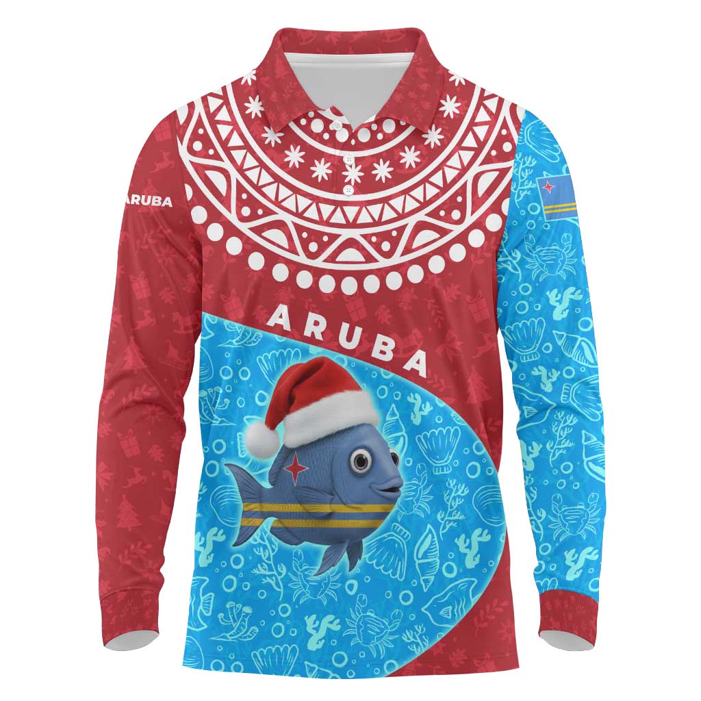 Aruba Christmas Long Sleeve Polo Shirt with Santa Fish Aruba Flag Ocean Icons and Red Blue Holiday Pattern Design - Wonder Print Shop