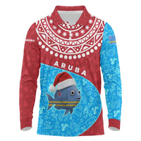 Aruba Christmas Long Sleeve Polo Shirt with Santa Fish Aruba Flag Ocean Icons and Red Blue Holiday Pattern Design - Wonder Print Shop