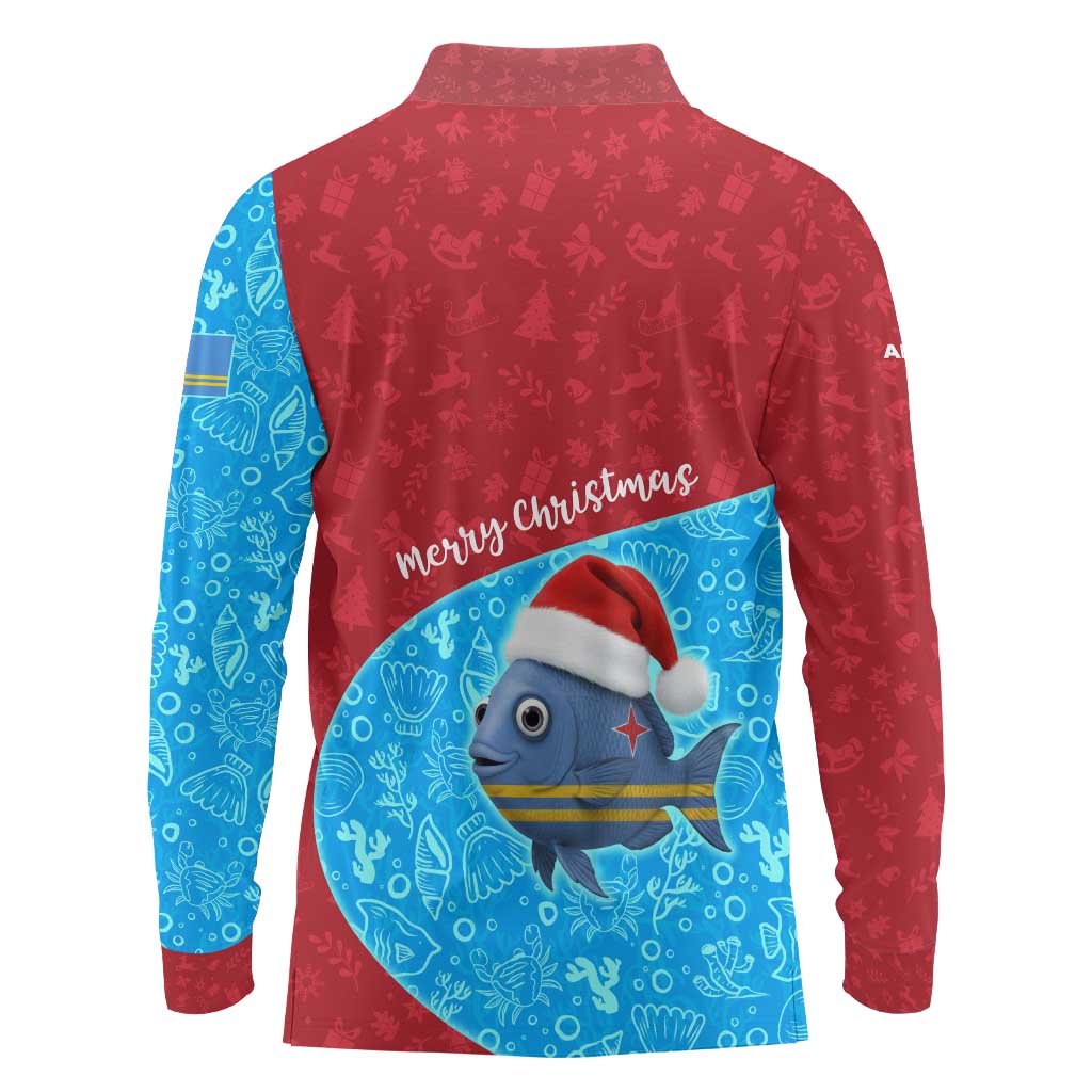 Aruba Christmas Long Sleeve Polo Shirt with Santa Fish Aruba Flag Ocean Icons and Red Blue Holiday Pattern Design - Wonder Print Shop