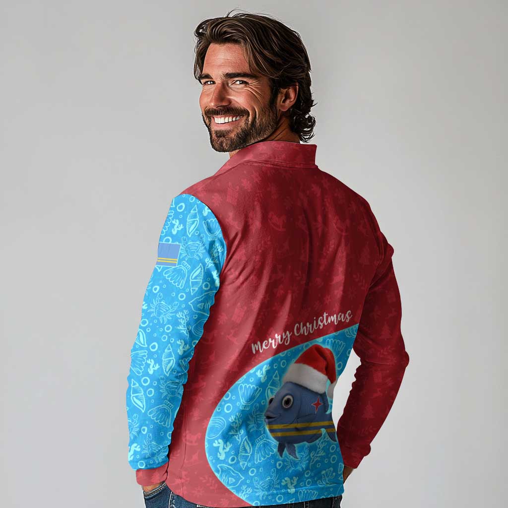 Aruba Christmas Long Sleeve Polo Shirt with Santa Fish Aruba Flag Ocean Icons and Red Blue Holiday Pattern Design - Wonder Print Shop