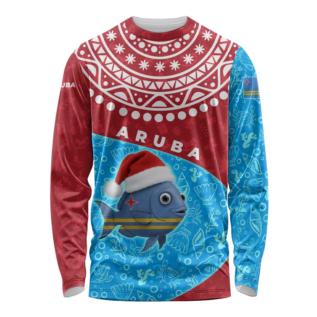 Aruba Christmas Long Sleeve Shirt with Santa Fish Aruba Flag Ocean Icons and Red Blue Holiday Pattern Design - Wonder Print Shop