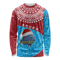 Aruba Christmas Long Sleeve Shirt with Santa Fish Aruba Flag Ocean Icons and Red Blue Holiday Pattern Design - Wonder Print Shop