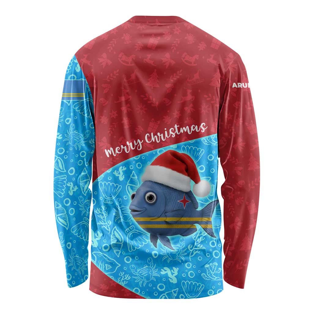Aruba Christmas Long Sleeve Shirt with Santa Fish Aruba Flag Ocean Icons and Red Blue Holiday Pattern Design - Wonder Print Shop